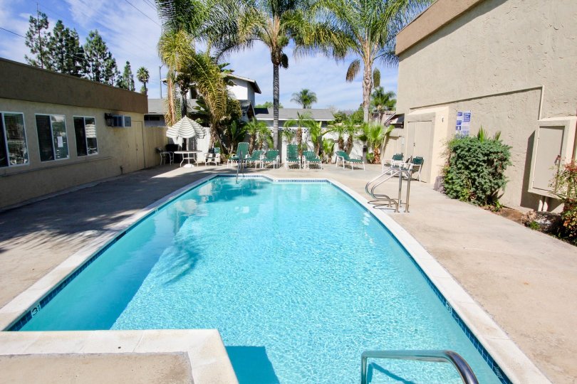 Swimming pool with lawn chairs and clubhouse at Mollison Estates in El Cajon California