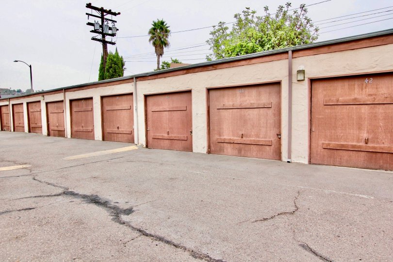 A photograph of a row of garages in Scranton Palisades - El Cajon California