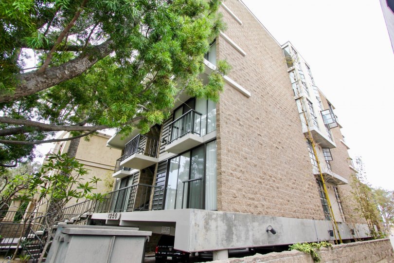 An apartment complex with balconies with some trees on the foreground.