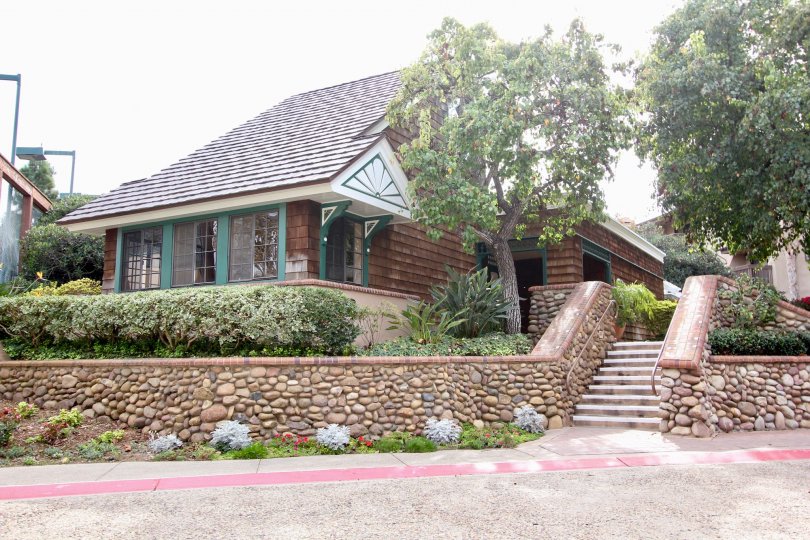Slanty roof top with rock embossed wall in Boardwalk.