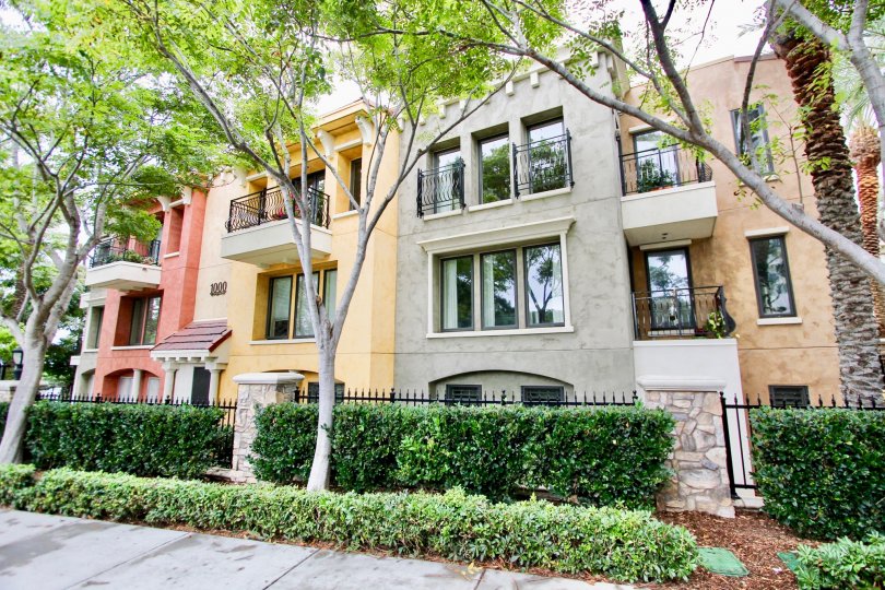 Red, yellow, brow & gray units inside Montefaro in La Jolla California