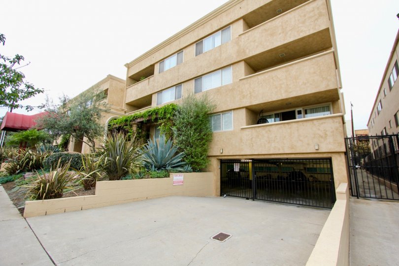 A sunny day in the Villaggio with residential apartment and plants.