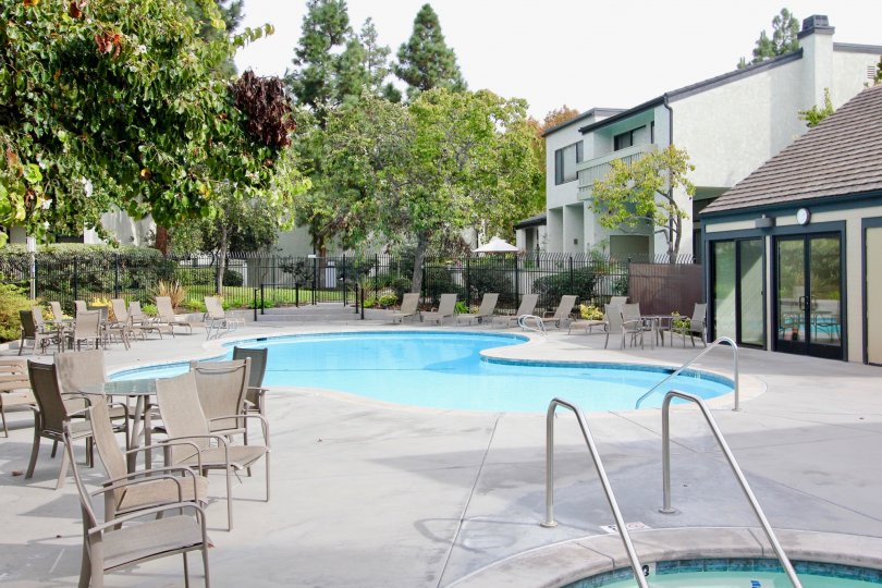 Large swimming area with lawn chairs inside Woodlands in La Jolla California