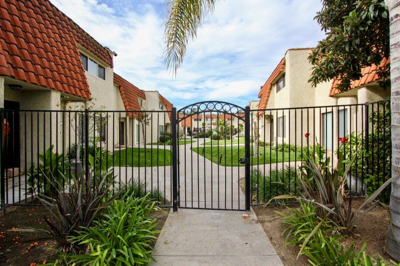 The Tangerine Terrace with gate closed and flowering plants around