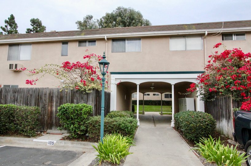 The front side of Westwood Village with tall flowring plants and grass around