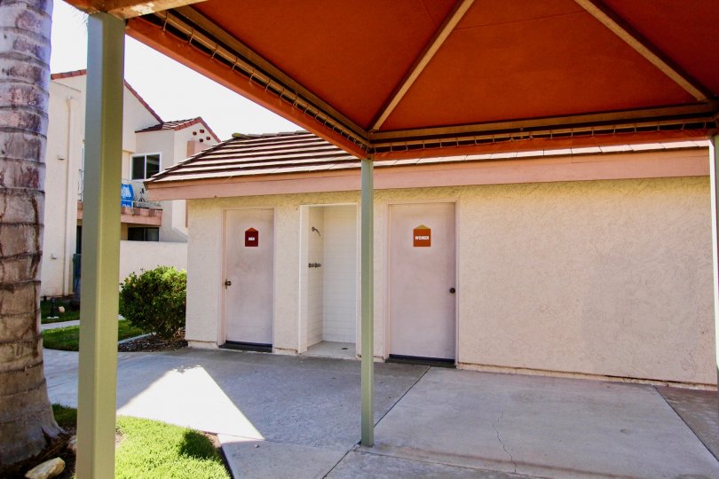 Restrooms under a canopy at Casa New Salem in Mira Mesa California