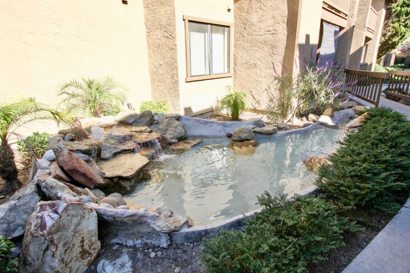 Lovely water feature landscaping welcomes you home to Quail Creek.