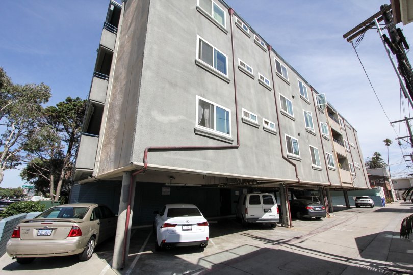 Parking located under the building at Mission Beach Towers.