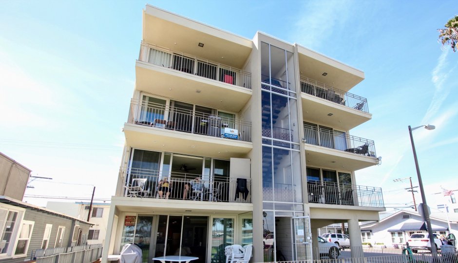A view of the front balconies of the Santa Clara residences in Mission Beach, California