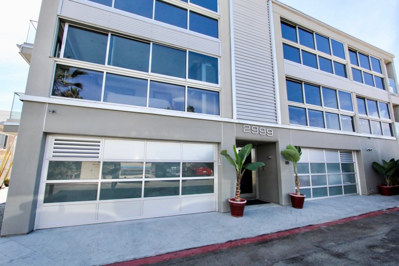 Front view of building on sunny day with plants out front.