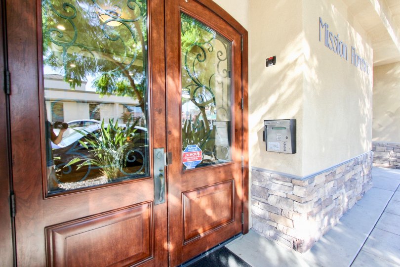 Double wooden doors on a building at the Mission Florence community