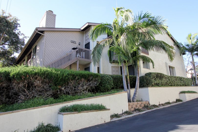 A spacious, modern house with a porch and palm trees in Cerro De Alcala, Mission Valley, California