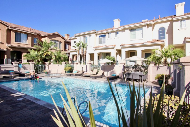Residential apartment complex with recreational area and pool in center