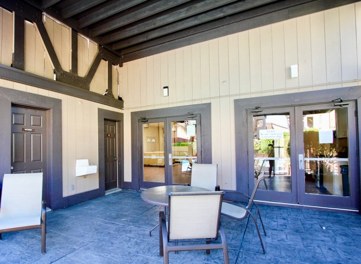 Park Villas North, Mission Valley, California, entry, restrooms, water fountain, small table, chairs