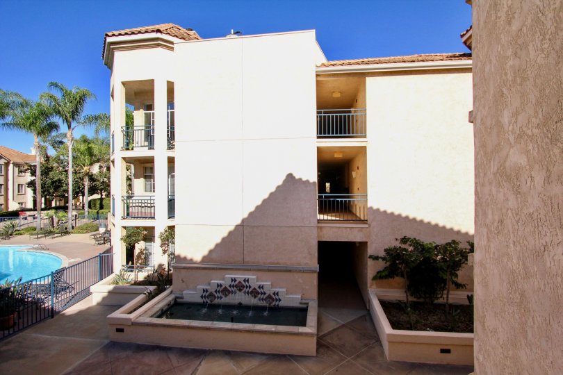 Side View of River Scene Condos Showing Pool, Terraces and Stairwell, Mission Beach, CA