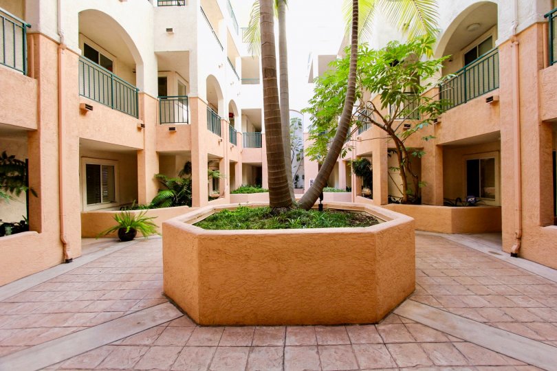 Inner courtyard at River Scene in Mission Valley, CA. View of trees and plants around 4 stories.