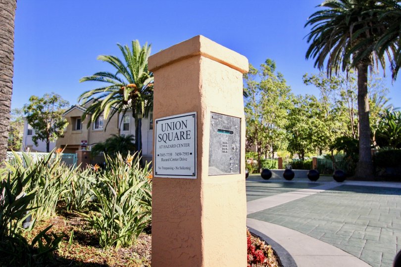 A view of a tower with keypad in the Union Square community in Mission Valley, California