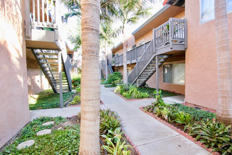 A sunny day in the area of Cleveland Avenue Condos, outside, garden, sidewalk, stairs, palm trees
