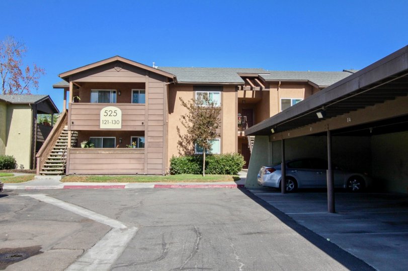 Covered parking area in front of a unit at Lakeshore Villas in Oceanside, CA