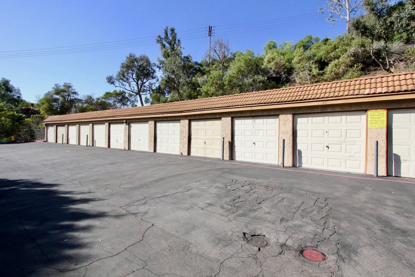 A sunny day in the area of Loma Alta Village, outside, parking lot, garages, trees