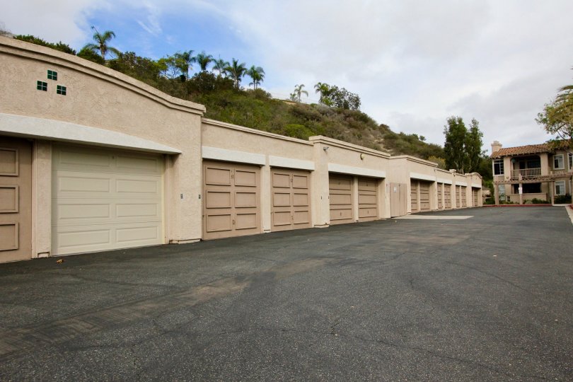 View of the garages and storage units at Lomas De Oro in Oceanside, California