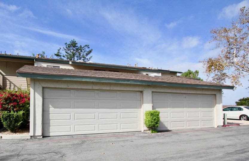 beautiful large white 2 car garage and beautiful sunny view.