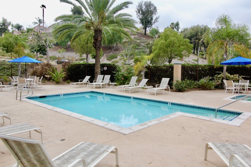 THE MOUNTAIN IN THE BLUFFS WITH SWIMMING POOL, TABLES, CHAIRS, TREES.