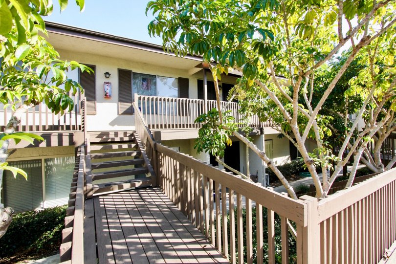 Shady deck at Vine Villas in Oceanside, California.