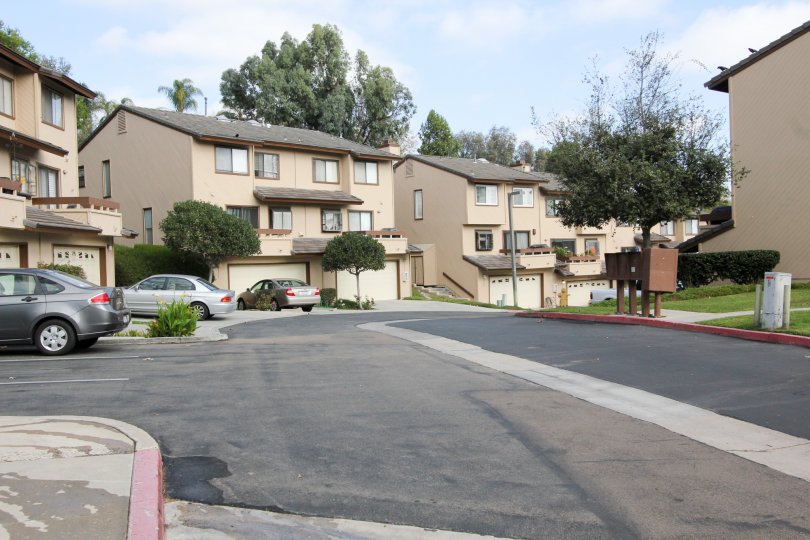 Multiple condos in the Woodlands Ivy community with a one lane road, with white garage doors