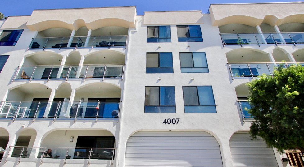 Front view with varandas of Castaway community building, Pacific Beach, CA