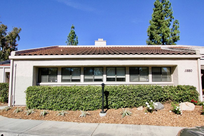 Building with groomed flower bed and shrubs in sunny Rancho Bernardo