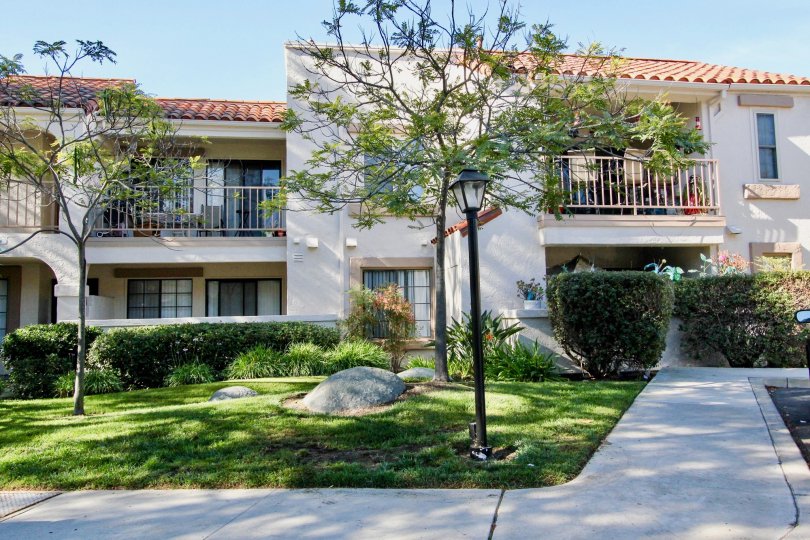 A sunny day in Stony Brook has rocks, trees with lamps and villa's