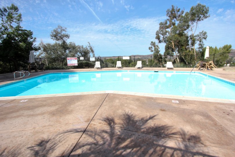 Swimming pool surrounded by black fence and trees and a sunny day in the Riderwood Terrace community in Santee, Californina