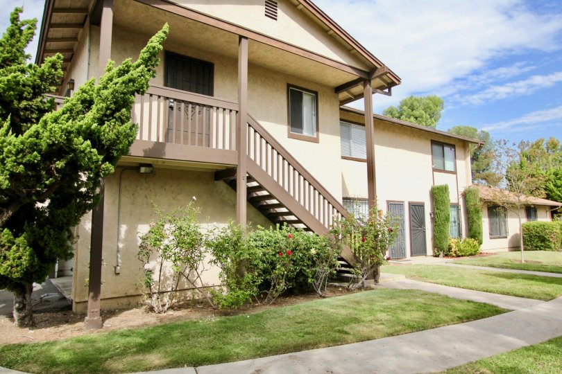 A sunny day in the area of Carefree South, outside, condos, stairs, trees, windows, flowers