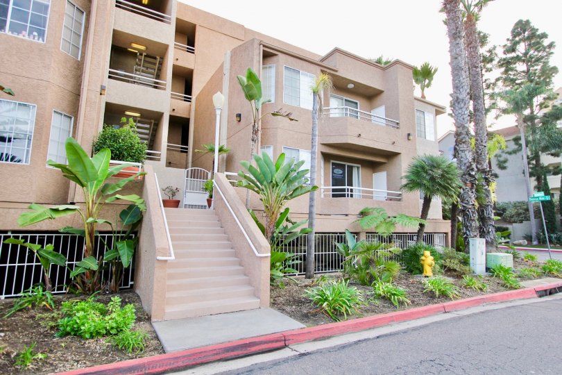 Entrance decorated with plants and trees in front of the building in Park Place La Jolla