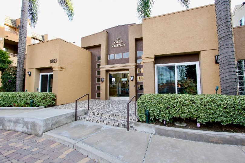 Imposing facade at Villa Vicenza in University City, California.