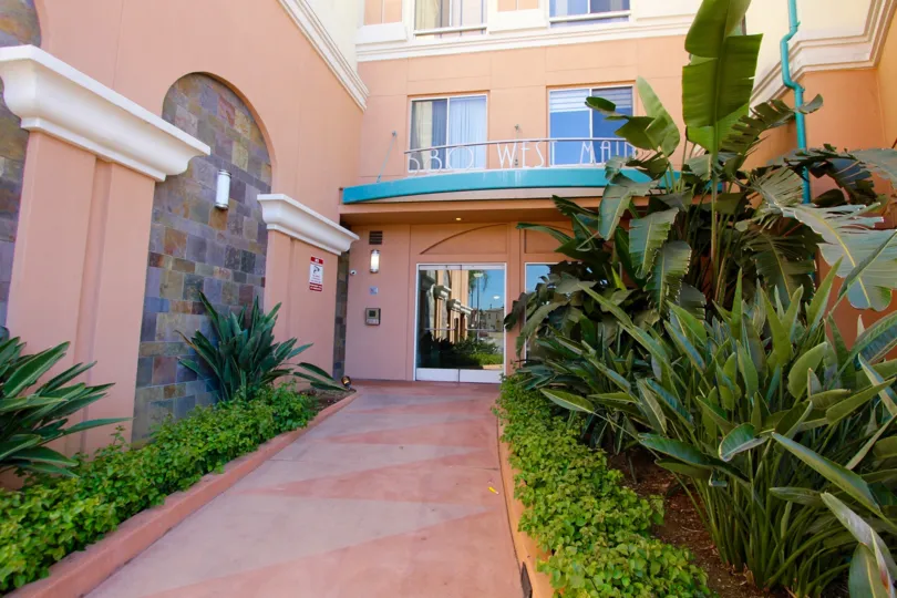 The walkway up to the Alhambra Regency in Alhambra California
