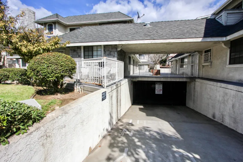 Entrance to a parking garage in the Chinese Gardens neighborhood in Alhambra, California on a sunny day.