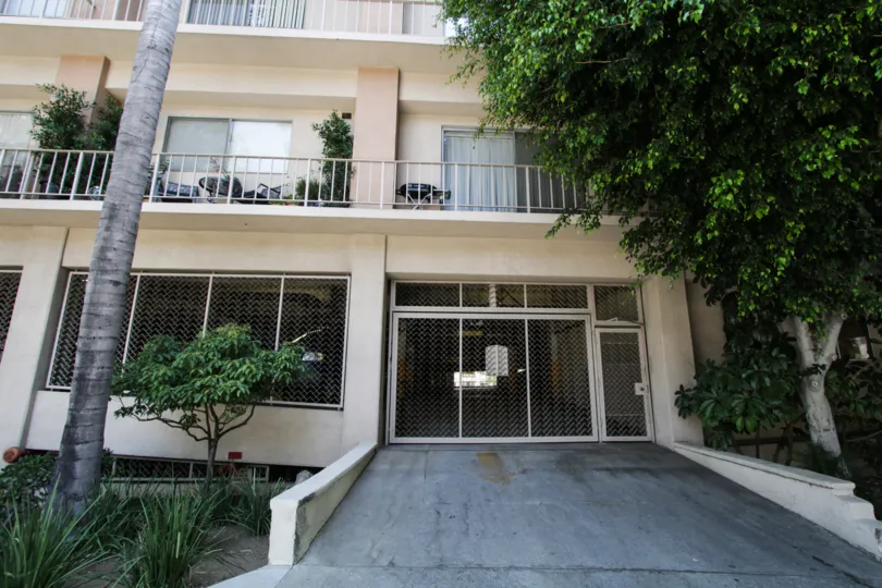 The entrance into the parking at 100 South Doheny