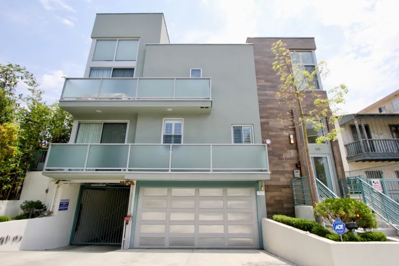 View of the buliding and garage underneath One-O-Eight Croft Beverly Center, California