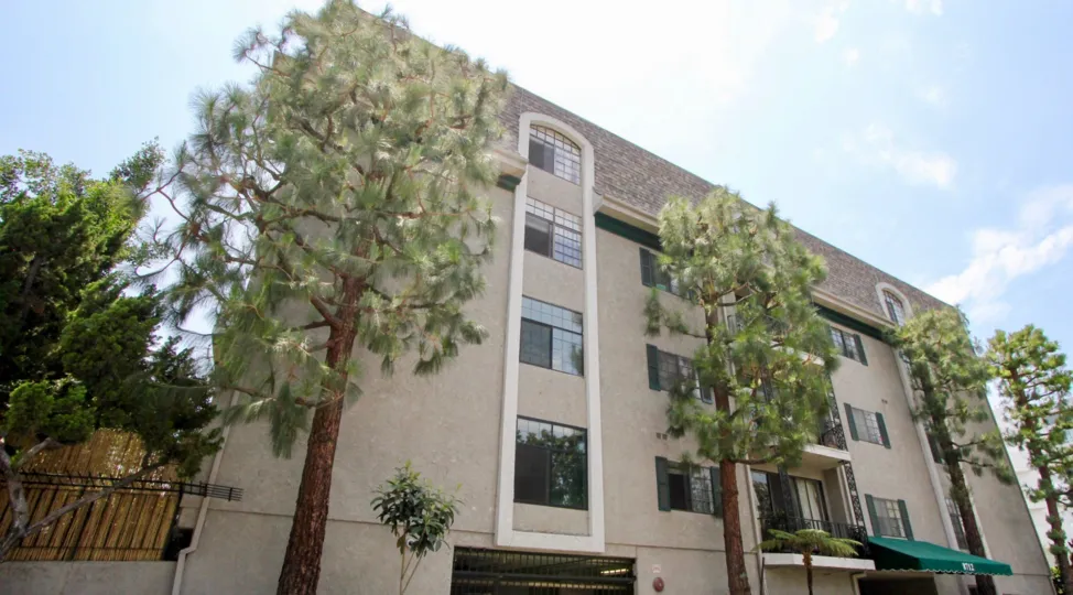 Street level view of The Gregory apartment building in Beverly Center, CA