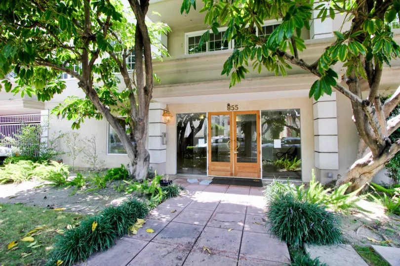 Lush green entrance to The Haverhills at the Beverly Center in California.