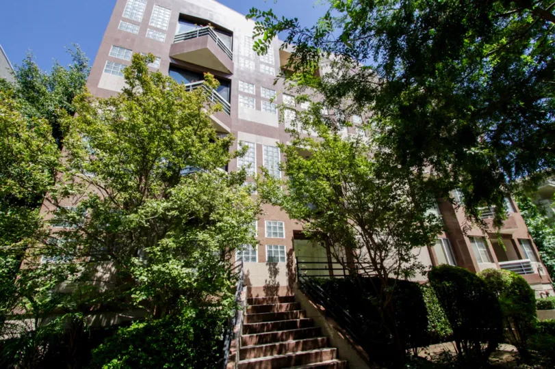 Trees on both sides provide shade to the stairway leading to the Crescent Townhouse building.