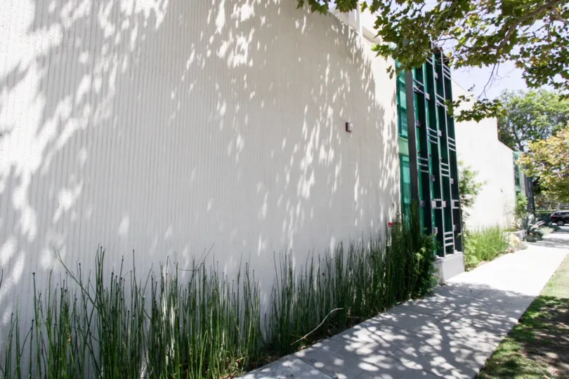 The blue glass seen throughout the McCarty Courtyard building in Beverly Hills