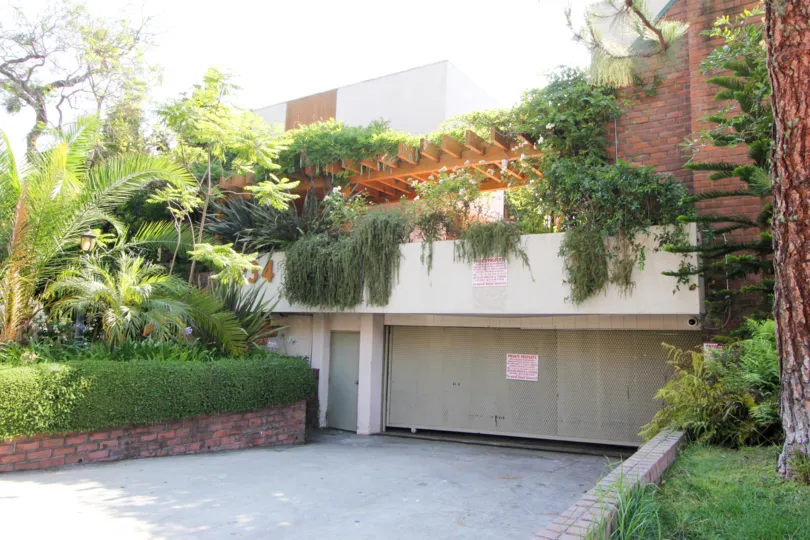 A sunny day at the Tower Park apartment comples with trees and vines all over the building