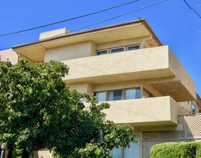 A cream-colored building overlooking a flourishing green tree.