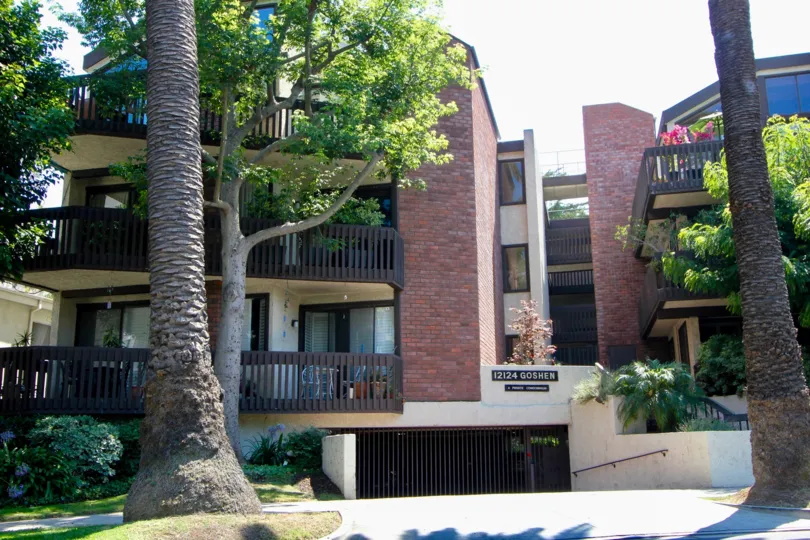 Apartments and underground parking entrance at 12124 Goshen in Brentwood, CA