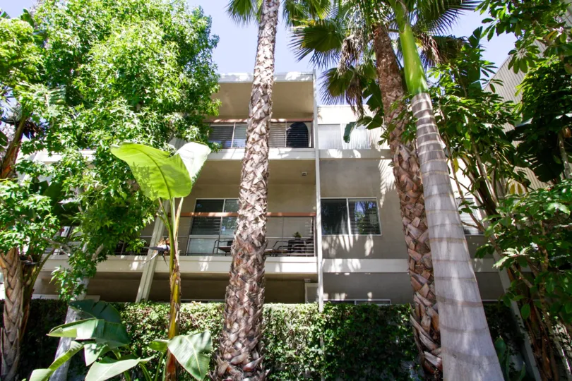 Mature trees and landscape surround the Barrington Fields condo building