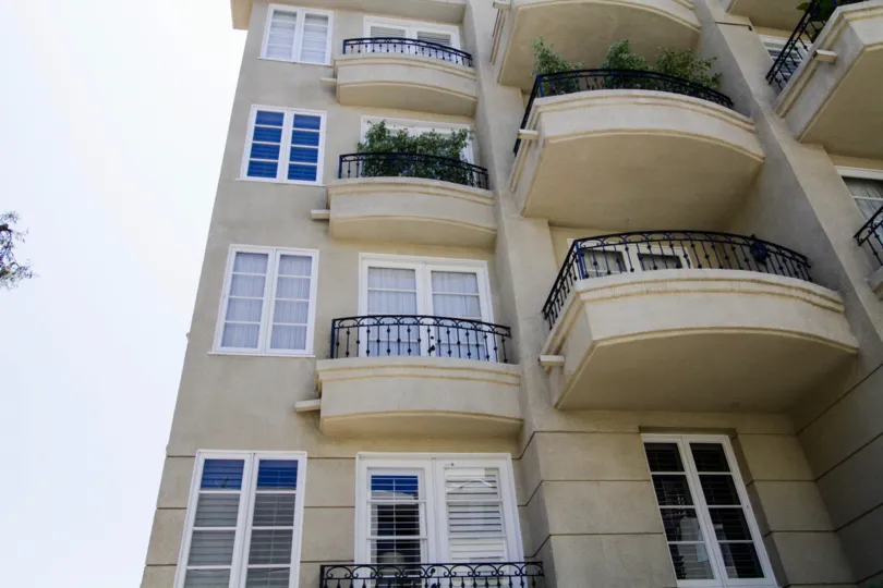 Balconies with ornate iron work at Beverly Court