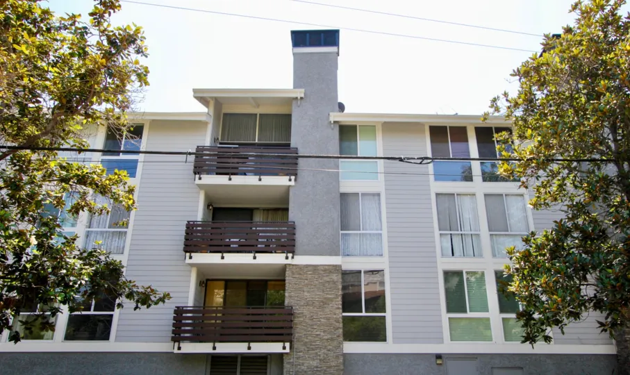 Green trees, White windows, gray panels, tan bricks